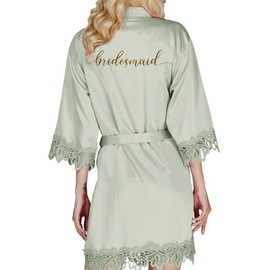 Y WJing Yi Jia Bride Robe - Womens Satin Bridal Morning Robe With Lace Trim & Monograms