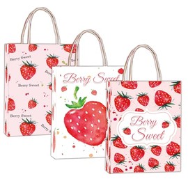 Remerabel 24 Pcs Strawberry Party Favors Gift Bags with Handles, 6 x 3.1 x 8.5 Inch Paper Treat Candy Snack Bags, Strawberry Theme Party Favor Decorations Supplies