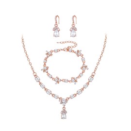 Crysdue Wedding Prom Costume Jewelry for Women Bridal, Rhinestone Crystal Teardrop Pendant Necklace Fish Hook Chandelier Dangle Earrings Leaf Bracelet Set Clear Rose Gold-Tone