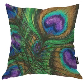 Moslion Throw Pillow Cover Peacock Feathers 18x18 Inch Animal Beautiful Colorful Digital Paint Shiny Green Purple Square Pillow Case Cushion Cover for Home Car Decorative Cotton Linen