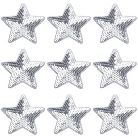 PAGOW 9pc Sequins Star Iron on Patches - Shiny Bulk Embroidery Sequin Decoration for Hats, Jeans, Jackets, Bags (Silver)