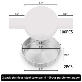 8 Inch Cake Pan Set of 3, 2Pack Cake Pans & 1Pack Parchment Paper(100 Sheet), Stainless Steel Round Layer Cake Baking Pans, Circle Cake Pan Tins for Birthday Christmas, Healthy & Dishwasher Safe