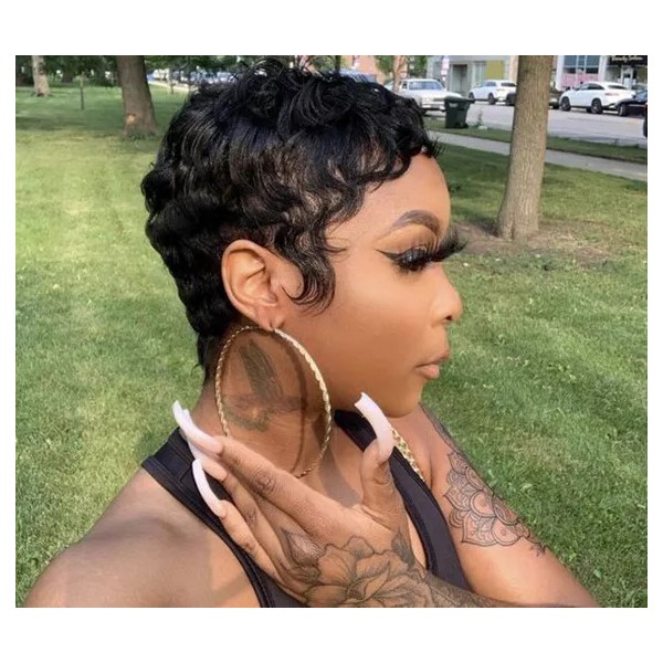 ATOZ Curly Human Hair Short Pixie Cut Wig Black Wave