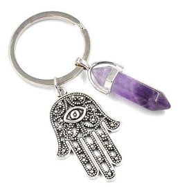 MINDFUL SOULS Evil Eye Keychain & Bag Charm – Hamsa Hand Amulet for Protection, Good Fortune & Abundance – Natural Gemstone Design (Amethyst)