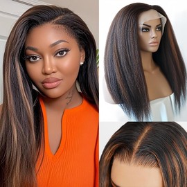 ANONLYLUX Kinky Straight Human Hair Wigs Pre Plucked with Baby Hair P1B/30 Highlight Brown Yaki Straight Lace Frontal Wigs Human Hair for Black Women 16 Inch