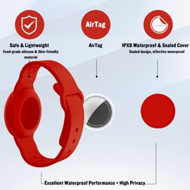 Waterproof AirTag Bracelet for Kids, Hidden Silicone Wristband for AirTag, GPS Tracker Case for Air Tag Holder Strap Band for Child Toddler, Secure Anti-Loss Protection(Red)