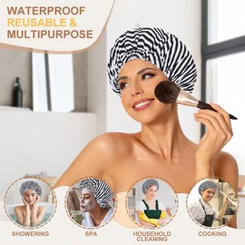 Reusable Shower Caps for Women Waterproof, Large Luxury Washable Elastic Band Bath Hair Bonnet, Double Layer Stylish Shower Hat for Long Hair, Braids, Curly(Stripe)