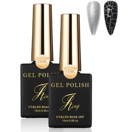 3D Crackle Gel Nail Polish Set,Silver Base Color & Black Crackle Nail Gel Glue Polish,Magic Burst Art Longlasting Cool Crackle Pattern,Air-drying Styling,UV Lamp Needed Base Nail Gel Glue Polish-14+12