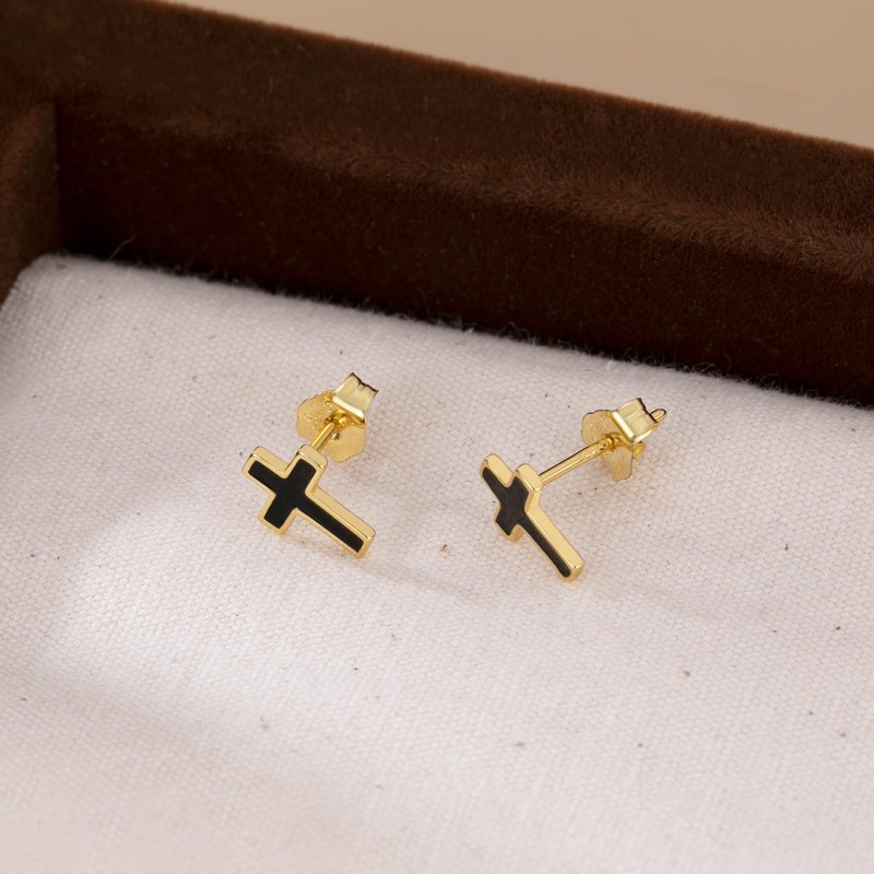 Reffeer Solid 925 Sterling Silver Cross Stud Earrings for Women