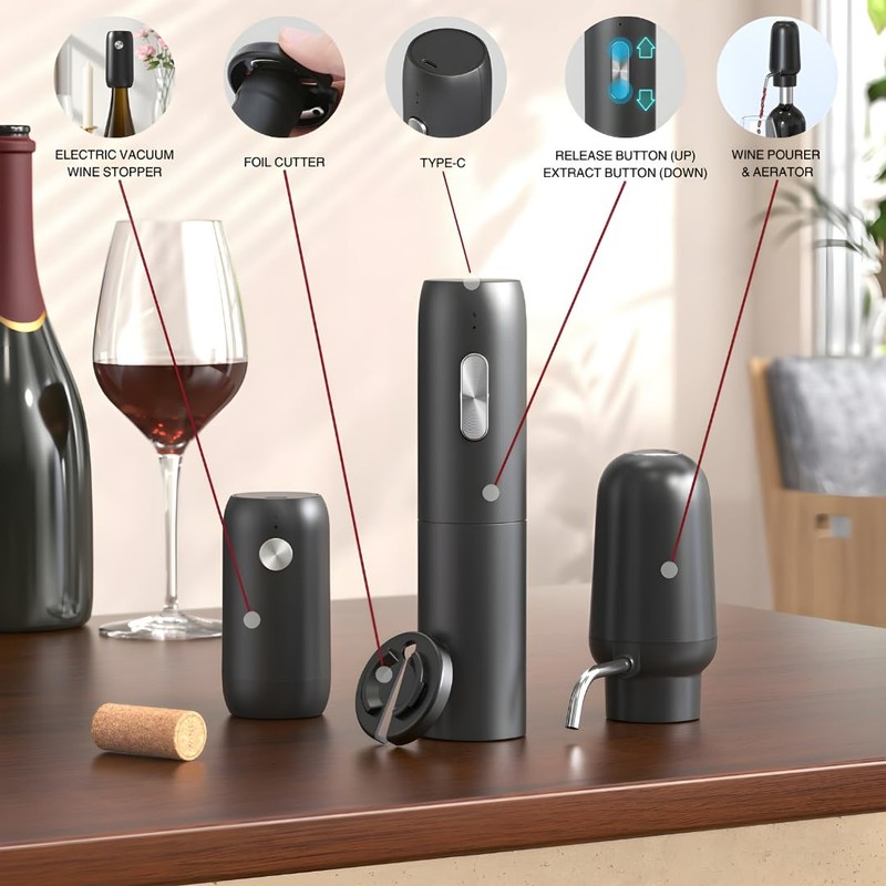 Rechargeable Electric Wine Opener Set - Includes Foil Cutter, Wine