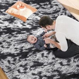 MOONLIGHT20015 Rugs Living Room Bedroom – Fluffy Shaggy Dark Grey Area Rugs Non-Slip – Modern Super Soft Thick Pile Plush Carpet - Non Shedding Easy To Clean Rug, 60cm x 110cm, Tye-Dye Grey