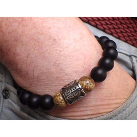 Men's Black Stainless Steel Bracelet with Chinese Ornaments and Agate and Jasper Beads