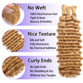 MOTFIN Human Braiding Hair for Boho Braids Human Hair 110g 16 Inch Curly Boho Hair for Braiding Knotless 12A Deep Wave Bohemian 3 Bundles/Pack Caramel Honey Blonde