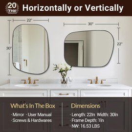 ANDY STAR 22"x30" Black Bathroom Mirror, Irregular Wall Mirror in Stainless Steel Metal Frame, Modern Matte Black Finish with Curved Edge Design, Wall-Mount Vertically or Horizontally