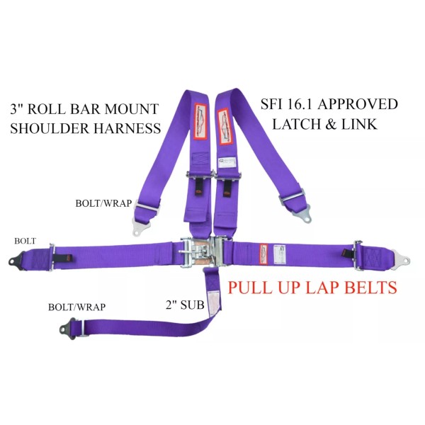 RACERDIRECT.NET PURPLE RACE HARNESS PULL UP LAP BELTS LATCH &