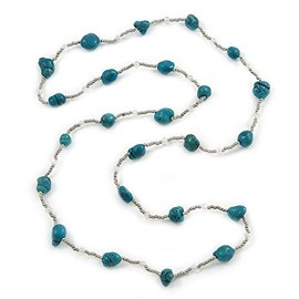 Avalaya Turquoise Stone and Silver Tone Acrylic Bead Long Necklace/118cm L