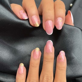 Xiokyo 24Pcs French Press on Nails Short Oval Gold Leaf Fake Nails Pink Acrylic False Nails Manicure Nails Tips Full Cover Glossy Stick on Nails for Women