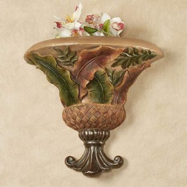Touch of Class Tahitian Sunrise Wall Shelf Handpainted Tropical Leaves Sage, Russet, Beige and Dark Brown 12.5" Wx6 Dx11.5 H