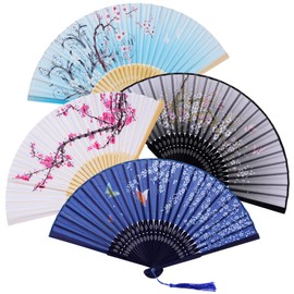 Leikedun 4 Pack Silk Fabric Hand Fans, Chinese Fan, Hollow Carved Bamboo Folding Hand Fan Handheld Fan for Wedding, Gifts, Performance, Dancing, Home Decoration