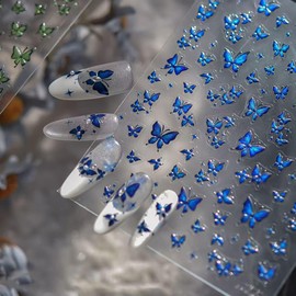 Butterfly Nail Art Stickers 3D Nail Decals Self-Adhesive Nail Stickers Blue Nail Decals Nail Art Supplies DIY Manicure Decorations Charms for Women (1 Sheet)