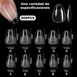600 Pcs Uñas Postizas Transparentes， Almendra Corto Tips 10 Tamaños Pre-Formado,Medio Mate Fake Claro Gelly Tips Cobertura Completa Extra Larga, Puntas Para Salones de Uñas y DIY Nail.