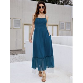 GRACE KARIN Womens Dress Summer Casual Smocked Maxi Dress Sleeveless Ruffle Hem Sundress Long Cami Dress with Pockets Blue L