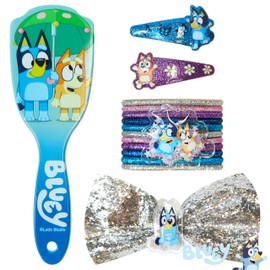 LUV HER Girls' 15-Piece Hair Accessories Set – Bluey-Themed Brush, Bow, PVC Snap Clips & Lurex Elastics – Fun & Practical Hair Set for Kids Ages 3+