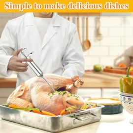 PEOUWNES 304-Stainless Steel Meat Injector Syringe Kit with 3 Marinade Needles for BBQ Grill Smoker, Turkey, Brisket, Beef, Fish, 2-oz Large Capacity, Silicone Brush and Cleaning Brush