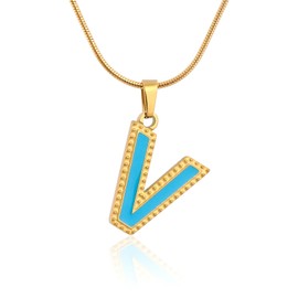 TaYolnFaSo Blue Enamel Initial V Necklace 18K Gold Plated Thin Snake Chain Letter V Pendant Dainty Enamel Initial Jewelry Birthday Gift for Women