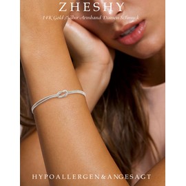 ZHESHY 2 Piece Bracelet Women's Gold Silver Chain Bracelets Set 14k Gold-Plated Charm Bracelet Adjustable Stackable Heart Knot Paper Clip Bead Bracelet Golden Bracelet Jewellery Women Women