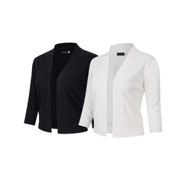 GloryStar Women’s 3/4 Sleeve Cropped Cardigan Sweaters Open Front Knit Short Bolero Shrugs Black+Ivory S