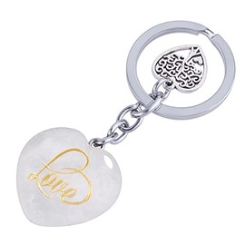 KYEYGWO Healing Crystal Heart Key Ring with Love Carved, Tree of Life Key Ring Decorative Heart Shape Stone Bag Pendant Body Pendant for Men and Women, White