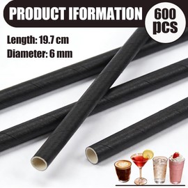 juajua Black Paper Straws, 197 x 6mm Biodegradable Paper Straws,600 Pack