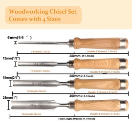 ATOPLEE Wood Chisel Set for Woodworking, 4 pcs Professional Wood Carving Chisel Tool Carpenter Gouge CR-V Steel Semi-Circular Edge Sharp Blade 6mm(1/4")/12mm(1/2")/18mm(3/4")/25mm(1")