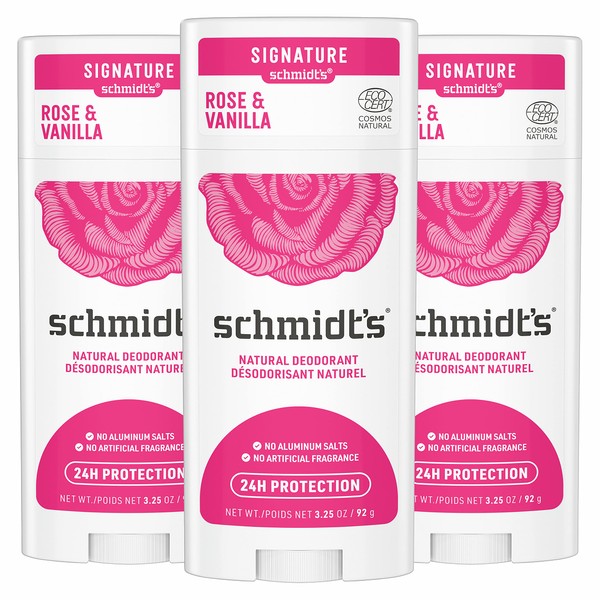 Schmidt's Aluminum Free Natural Deodorant for Women and Men, Rose + Vanilla with 24 Hour Odor Protection, Certified Cruelty Free, Vegan Deodorant, 3.25 Ounce (Pack of 3)
