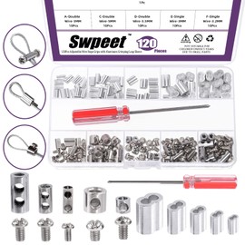 Swpeet 121Pcs Adjustable Wire Rope Clips Clamp and Aluminum Crimping Loop Sleeve with Screwdriver Assortment Kit, Wire Rope Grips Wire Rope and Cable Wire Rope Lock with End Screw Stopper for Cable
