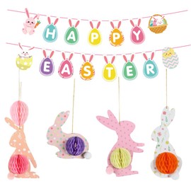 Easter Honeycomb Decorations & Happy Easter Banners, 6 Pieces Easter Honeycomb Centrepieces, Easter Bunny Banner Decor, 3D Rabbits, Easter Table Decoration, Spring, Easter Party Decoration for Home (PJLQ015) )