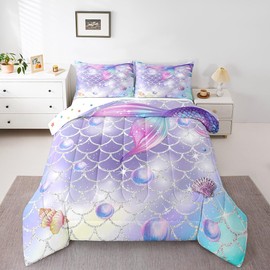 Kids Mermaid Twin Girls Bedding Set, Purple Rainbow Comforter Set Pink Mermaid Tail Bed Comforter Set, Girly Glitter Sparkle Bedroom Decor for Teen Girls Kawaii Cute Reversible Stars Quilt Bed Set