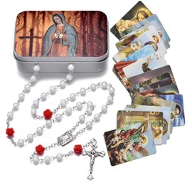 Rosary Beads Catholic for Women and Men, Rose Our Father Beads Saint Medal Cross Crucifix with Metal Box and 18pcs Prayer Cards - White