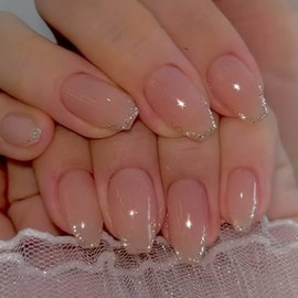 Hkanlre Bling Coffin Press on Nails Fake Nails Tips Full Cover Medium False Gradient Nails for Women and Girls 24PCS (Gold pink)