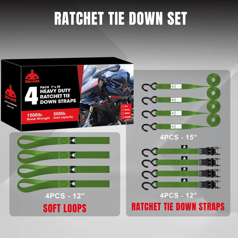 Jack Boss Ratchet Tie Down Straps Set,1500 lbs Break Strength,