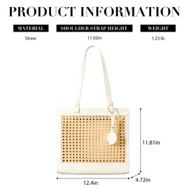 OWGSEE Straw Beach Bag for Women Summer Woven Rattan Tote Bag Straw Purses and Handbags for Vacation with Pendant (White)