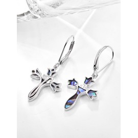 Dreamboat Cross Earrings for Women Flower Tulip Rose Earrings Sterling Silver Dangle Earrings Dangling Abalone Shell Earrings Faith Christian Jewelry Confirmation Religious Gifts for Mom