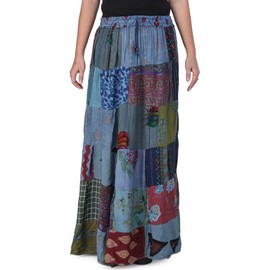 Exotic India Falda larga bohemia estampada de Gujarat con parche, azul Denim, Talla única