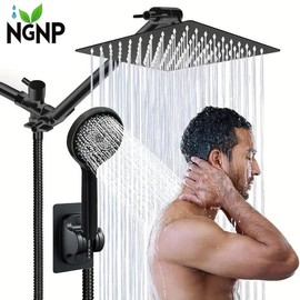 NGNP Shower Head,8/10 Inch High Pressure Rain Shower Head with Handheld Spray Combo, Adjustable Dual Rainfall Shower Head - Showerhead Comb Set with Extension Arm - 60 Inch Long Shower Hose - Color: Matte black, size: 10 inches