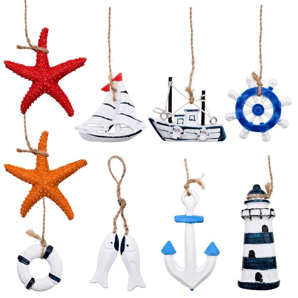 9 Pcs Wooden Nautical Hanging Decorations, Mini Beach Ornament Mini Nautical Marine Decoration Kit Home Wall Ornaments Nautical Craft Decor Gifts