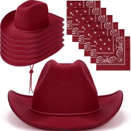 Coume 6 Sets Adult Cowboy Hat for Women and Men Western Cowgirl Hats with Adjustable Drawstring and Cowboy Party Paisley Bandana (Burgundy)