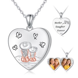 HOOHWE Mother Daughter Necklace for Women 925 Sterling Silver Love Heart Necklace/Photo Locket to Open with Picture Pendant Jewellery Gifts for Mum Child, Sterling Silver