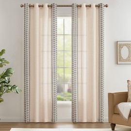 jinchan Boho Curtains Embroidered Linen Blend Window Curtains for Bedroom, Drapes 84 Inch Length 2 Panels Set, Geometry Grommet Bohemian Window Treatments Set for Living Room Black on Beige