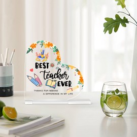 Teacher Appreciation Gifts End of Year Teacher Gifts for Women Men, Heart Shape Desk Sign, Thank You Teacher Gifts, Teacher Retirement Gifts,Flower and Book